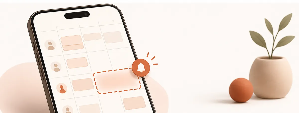 A phone showing a cancelled slot and open time on a calendar